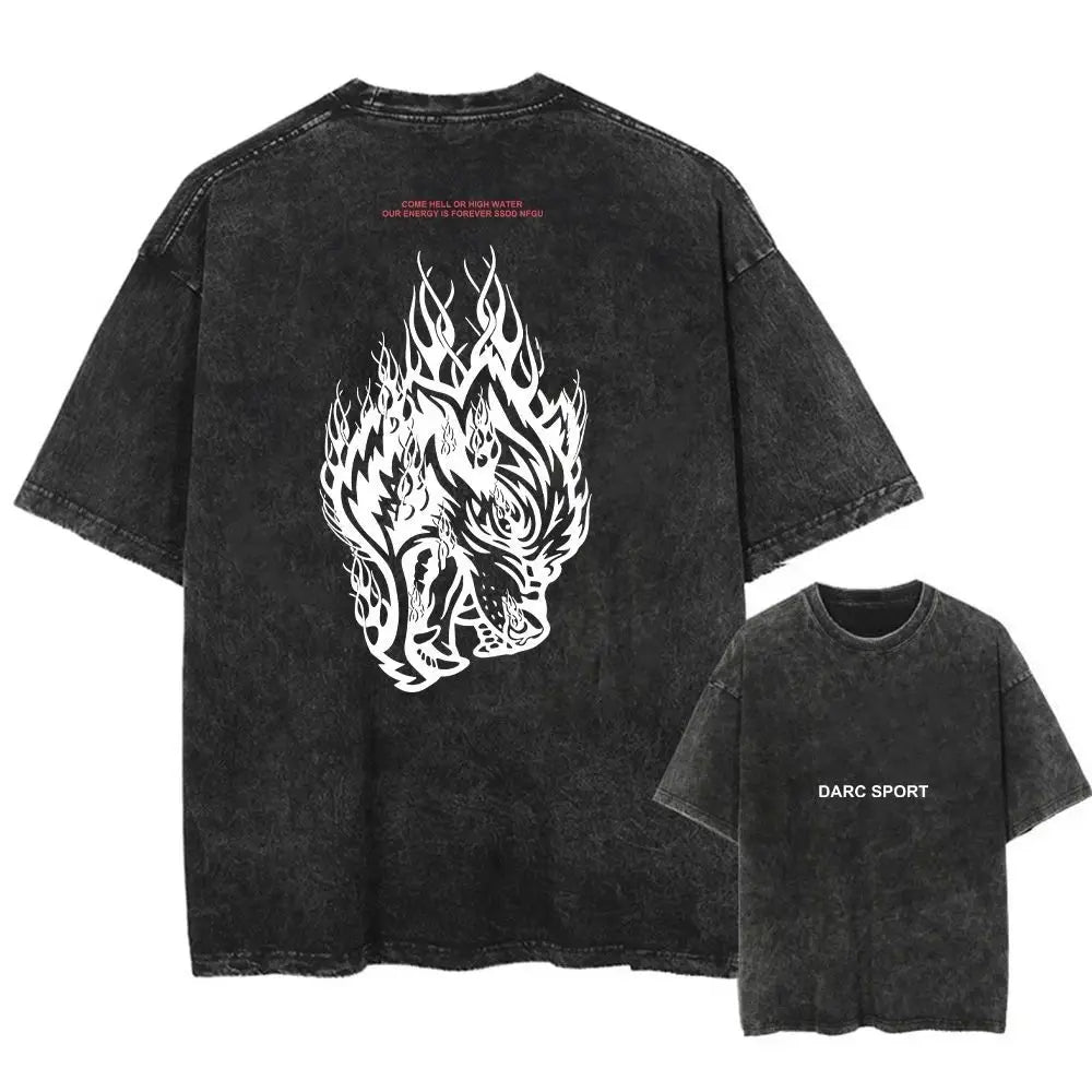 تي شيرت رجالي مطبوع عليه ذئاب من دارك سبورت، ملابس قطنية للأولاد، بأكمام قصيرة، تي شيرت رياضي مغسول، لياقة بدنية