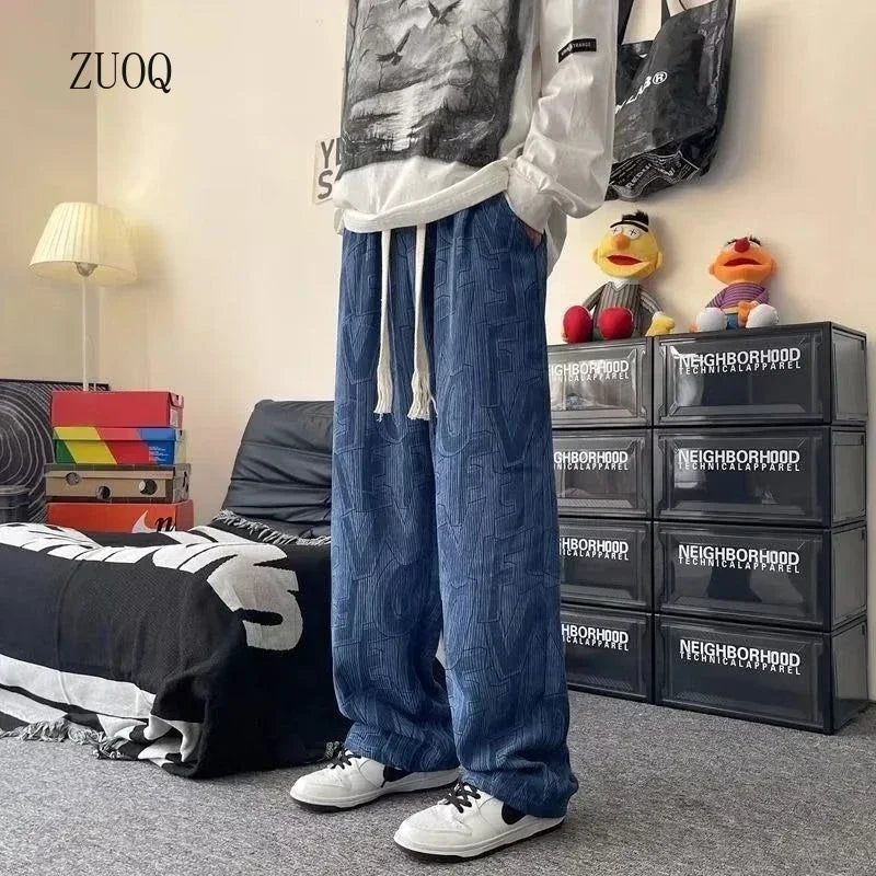 American Casual Pants Men Loose High Street Corduroy Letter Printed Wide Leg Solid Color Spring and Autumn Sports Pants Male