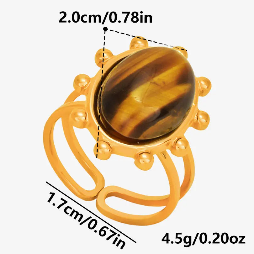 خاتم من حجر عين النمر الحقيقي على شكل قلب الشمس من الفولاذ المقاوم للصدأ، خواتم مفتوحة للنساء والرجال، إكسسوارات مجوهرات عتيقة مطلية بالذهب الحقيقي