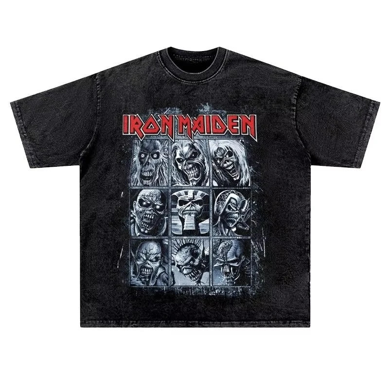 تي شيرت رجالي ونسائي عتيق من LRON Maiden Iron Lady Rock Washed بتصميم هيب هوب أمريكي عتيق بأكمام قصيرة ونصف عصرية