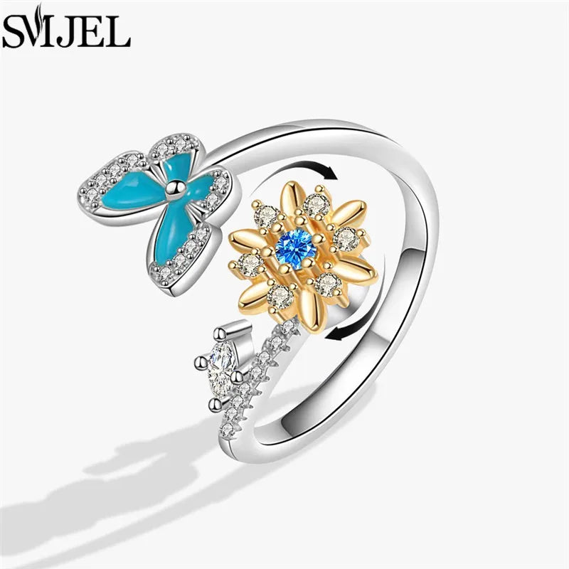 خاتم SMJEL الأنيق بتصميم زهر الكرز، خاتم دوار لتخفيف التوتر، مناسب للنساء، بتصميمات لطيفة مثل القطة والنحلة والأرنب والفراشة، هدية مثالية لحفلات الزفاف