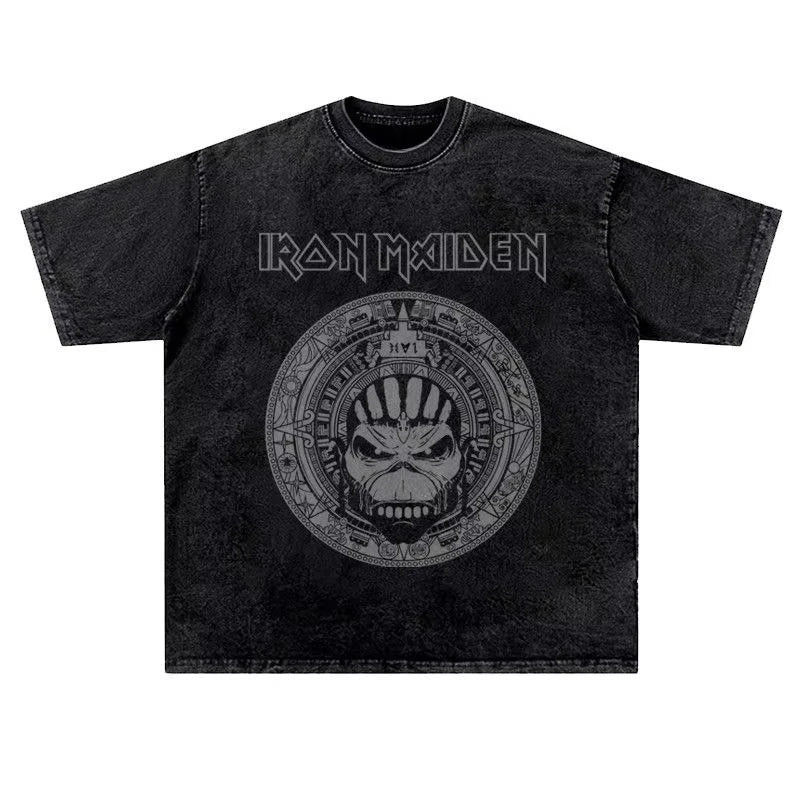تي شيرت رجالي ونسائي عتيق من LRON Maiden Iron Lady Rock Washed بتصميم هيب هوب أمريكي عتيق بأكمام قصيرة ونصف عصرية