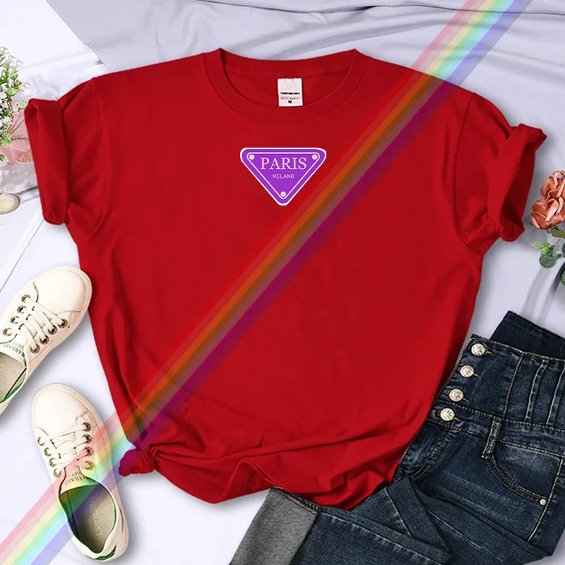 تي شيرت نسائي صيفي عالي الجودة مطبوع عليه باريس من ماركة فاخرة، مصنوع من القطن بنسبة 100%، مقاس كبير، بأكمام شخصية Y2K، ورقبة دائرية