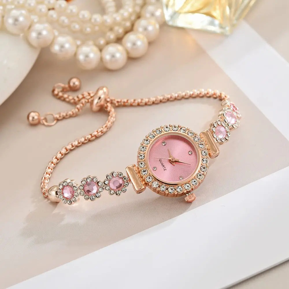 ساعات نسائية أنيقة مرصعة بأحجار الراين، سوار مرصع بالألماس والزهور، ساعة يد كوارتز نسائية