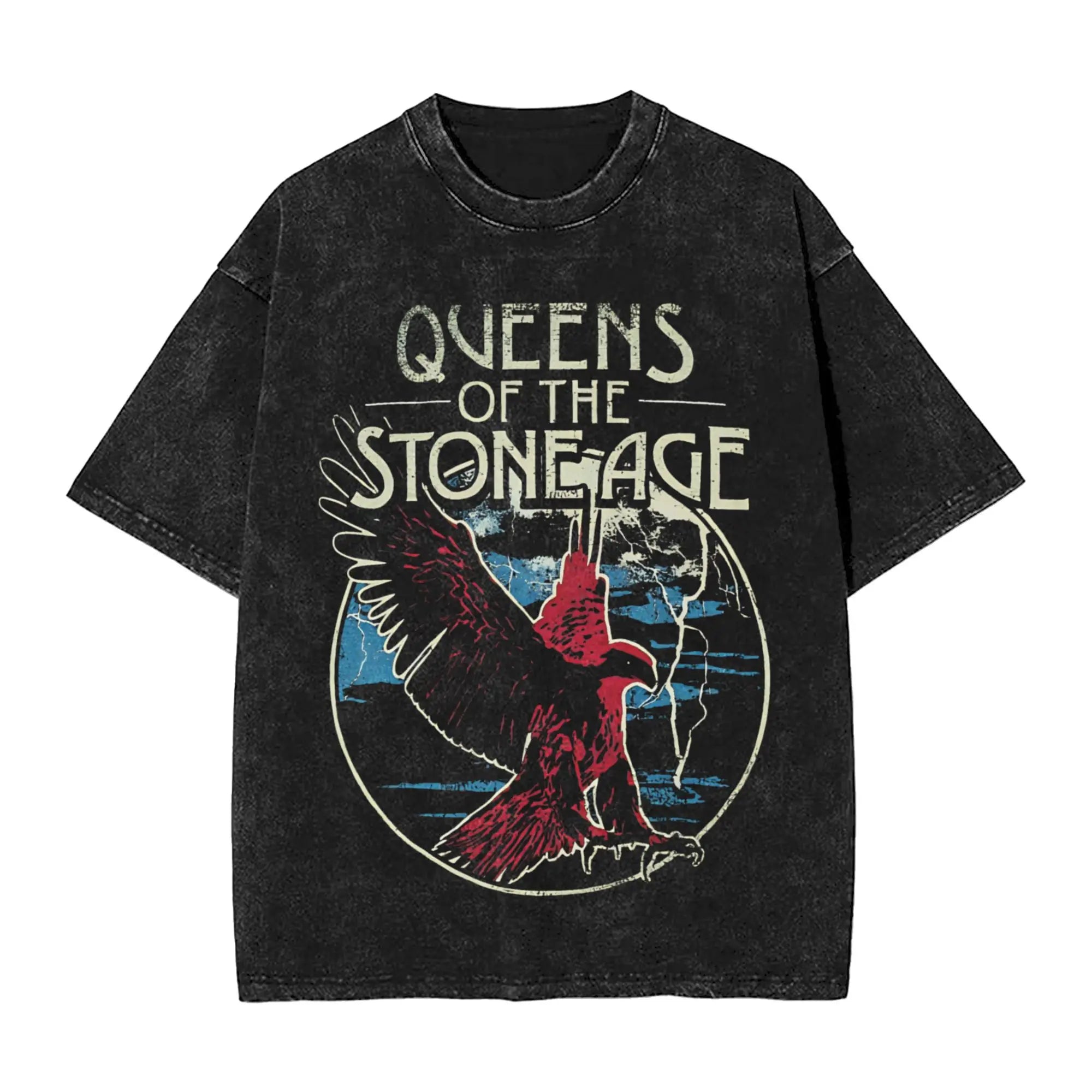 تي شيرت رجالي من فرقة ملكة العصر الحجري، تي شيرتات فكاهية مغسولة، تي شيرت بأكمام قصيرة وياقة مستديرة، تي شيرت قطني خالص، ملابس هدايا