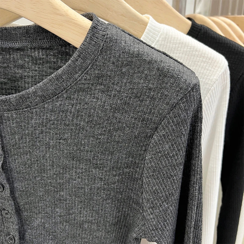 تي شيرت نسائي خريفي، تي شيرت نسائي متعدد الاستخدامات بقصّة ضيقة، كاجوال، سادة، بأزرار، ورقبة دائرية، وأكمام طويلة، تي شيرت نسائي مضلع Y2K