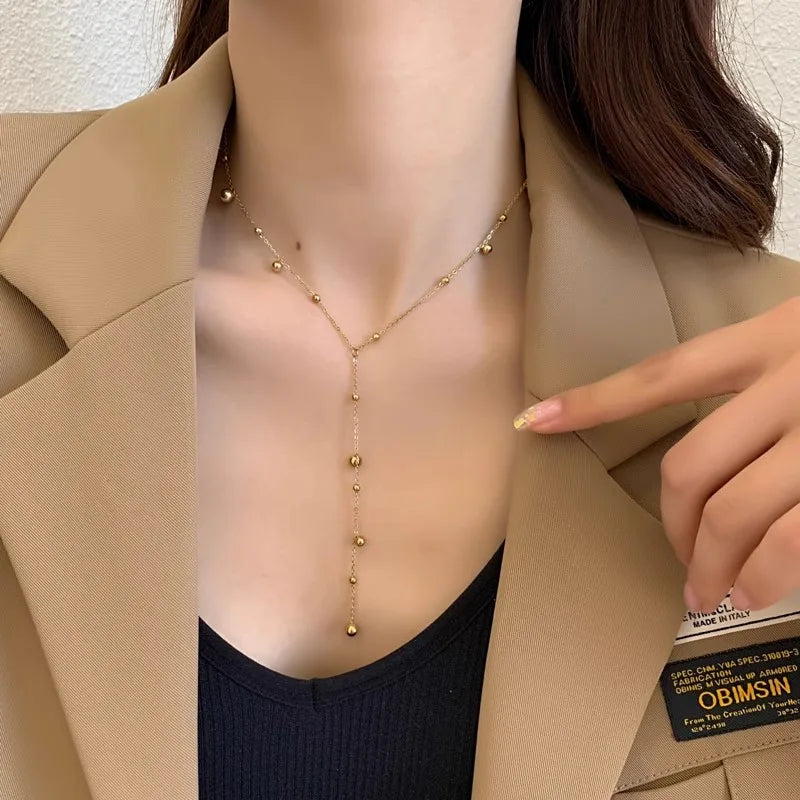 316L Stainless Steel Gold Color Beads Long Pendant Necklace For Women Fashion Choker Clavicle Chain Jewelry Gift Wedding