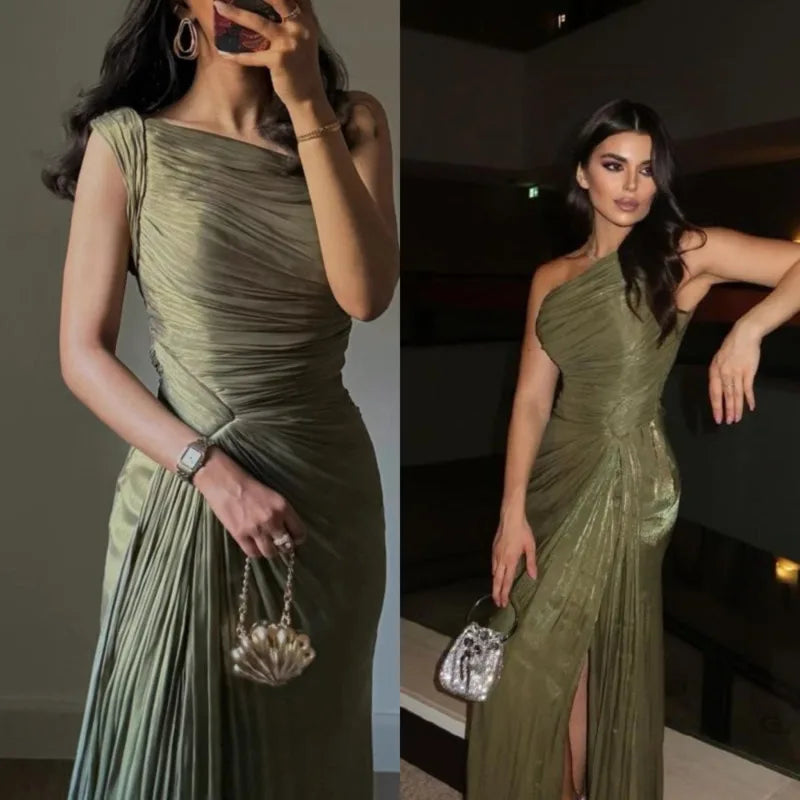 Elegant Off Shoulder Sleeveless Evening Gown Fashion High Waist Solid Color Dress Pleated Ribbon Sparkly Party Dress For Banquet