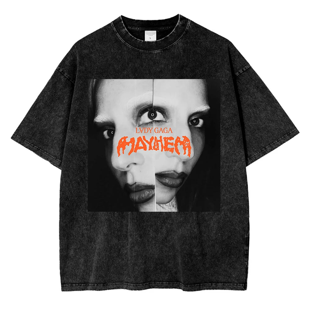 تي شيرت كلاسيكي مغسول من ليدي غاغا، جولة مايهم بول 2025، أزياء رجالية/نسائية، جودة عالية، غسيل حمضي، قطن 100%