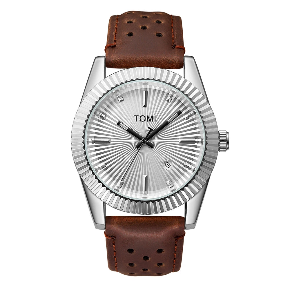 TOMI Men's Fashion Classic Men's and Women's Watch Versatile Trend Business Calendar Brown Leather Quartz Watch
