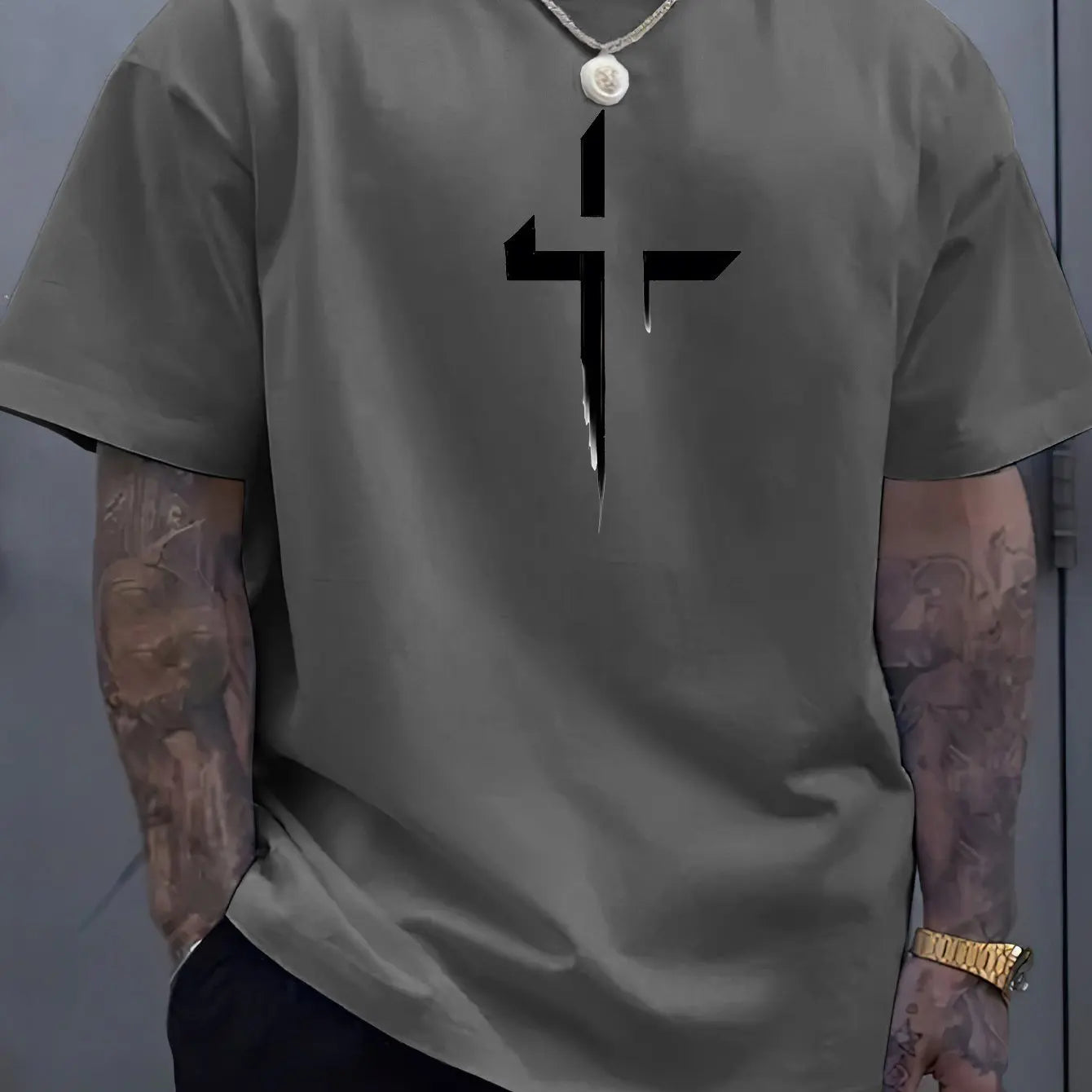 تيشيرت صيفي رجالي قطني 100%، فضفاض، بمقاسات كبيرة، مطبوع عليه شعار Cross Creative، مريح، بياقة دائرية وأكمام قصيرة