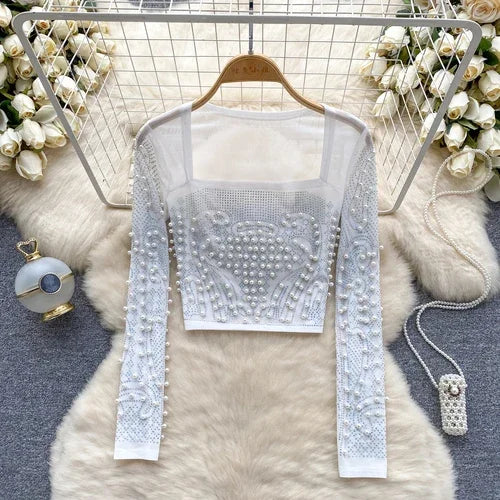 قميص نسائي أنيق بأكمام طويلة من حجر الراين، تي شيرت كوري أنيق، رقبة مربعة، مثير، أنيق