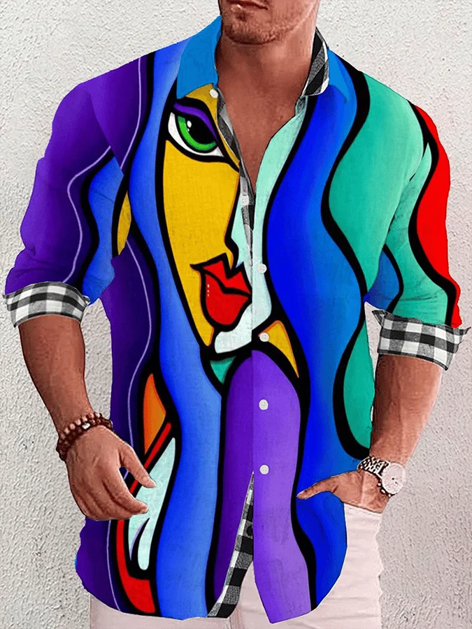 قميص رجالي جديد لعام 2024، مطبوع عليه رسومات فنية ثلاثية الأبعاد، بصف أزرار واحد وأكمام طويلة، قميص كاجوال بياقة فضفاضة وأكمام طويلة