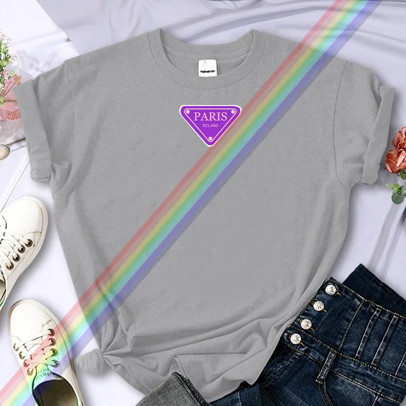 تي شيرت نسائي صيفي عالي الجودة مطبوع عليه باريس من ماركة فاخرة، مصنوع من القطن بنسبة 100%، مقاس كبير، بأكمام شخصية Y2K، ورقبة دائرية