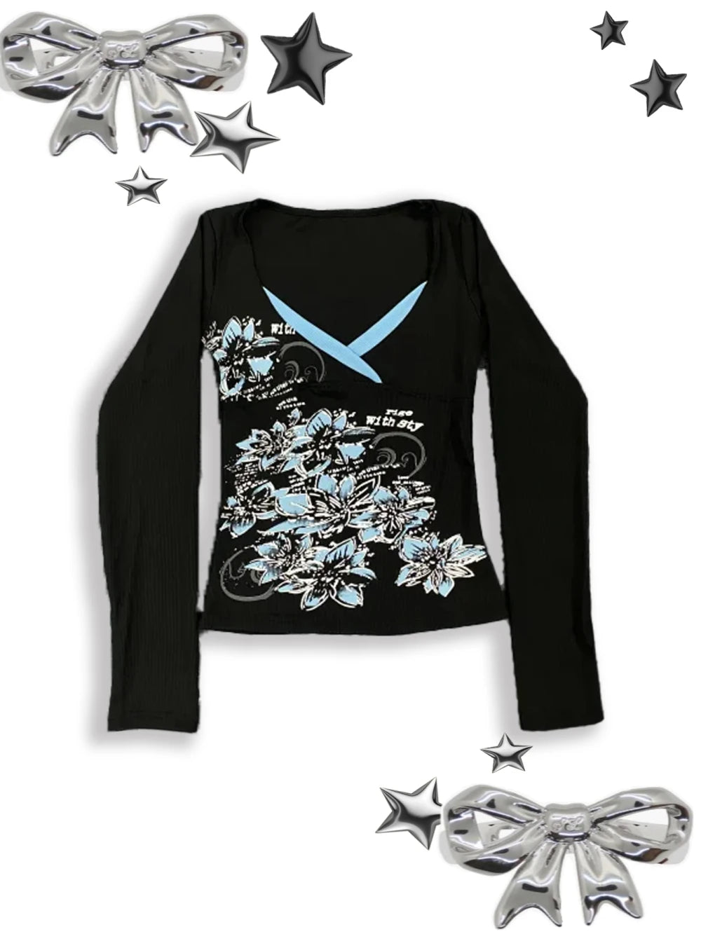 تي شيرت Y2K Millennium Spicy Girl Retro Floral Print Autumn بأكمام طويلة وقصّة صدر متقاطعة وفتحة رقبة على شكل حرف V