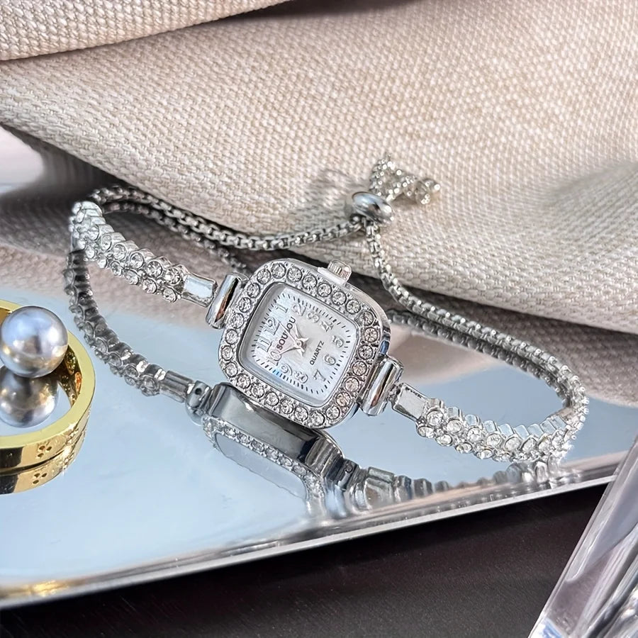 ساعة يد نسائية أنيقة مربعة الشكل، مزودة بمينا مرصع بأحجار الراين وسوار من سبيكة ذهبية اللون - ساعة يد كوارتز قابلة للتعديل للاستخدام اليومي
