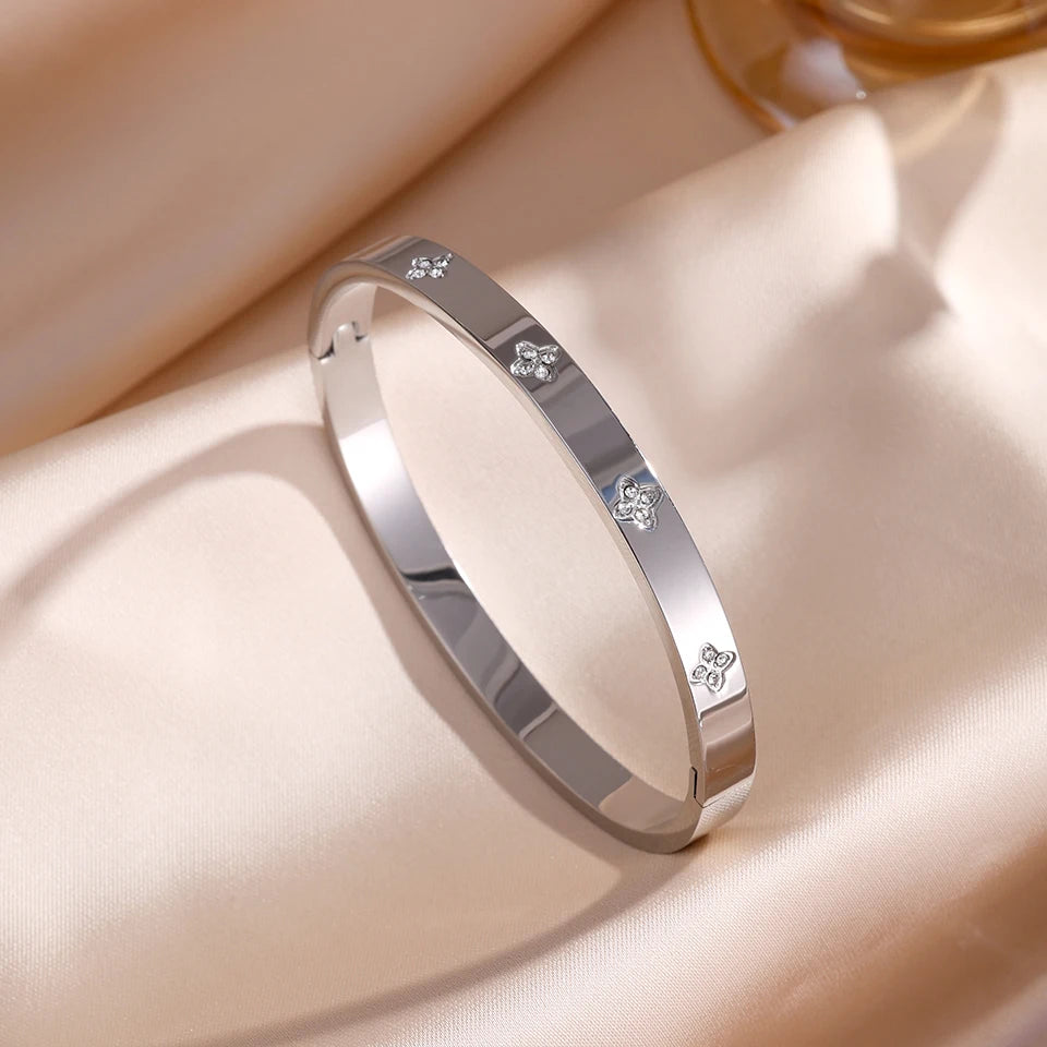 طقم أساور زاكول من الفولاذ المقاوم للصدأ مرصع بالزركونيا اللامعة، 5 قطع/قطعة واحدة، للنساء، أساور قابلة للتكديس، مجوهرات عصرية لا يتغير لونها، هدية