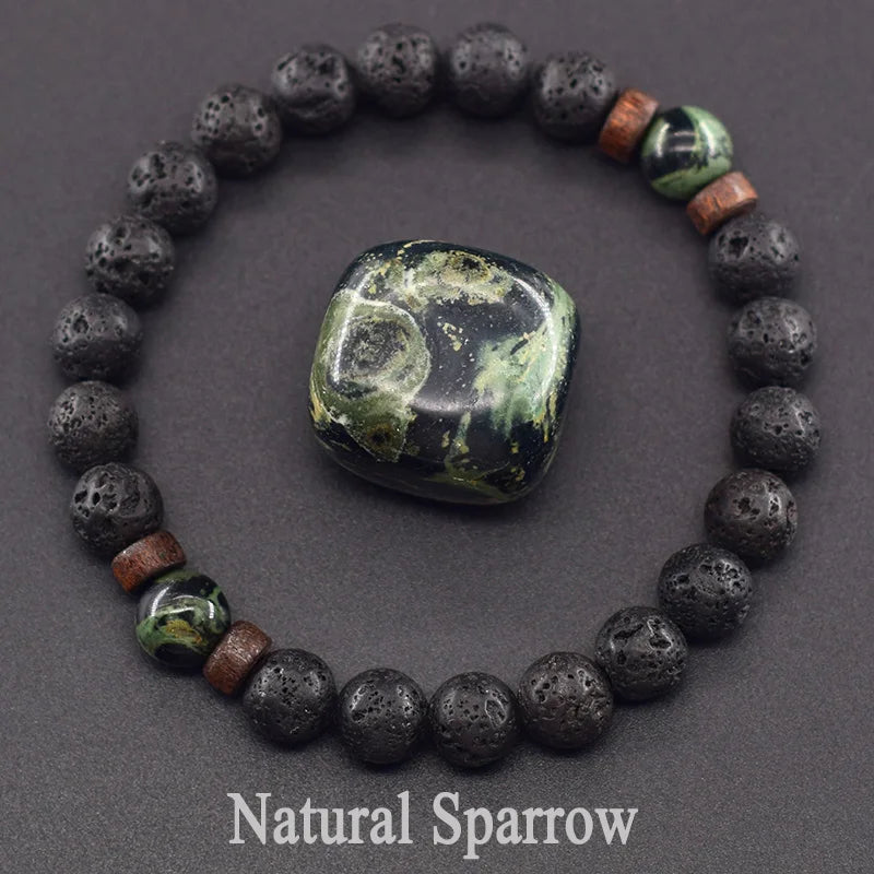 سوار من خرز عين النمر الأصفر الطبيعي للرجال والنساء، سوار من الحمم البركانية السوداء، سوار من حبل مرن من حجر بوذا التبتي للزوجين