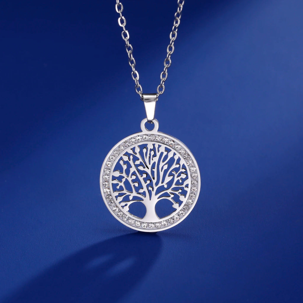 Skyrim Tree of Life Necklace for Women Stainless Steel Gold Color Clear Zircon Round Pendant Neck Chains Luxury Wedding Gift