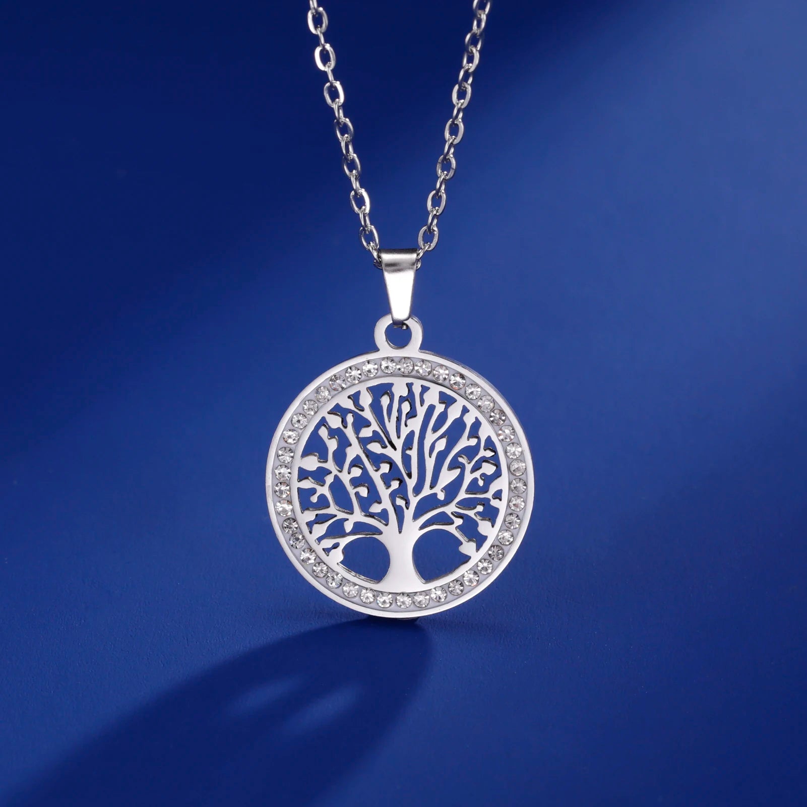 Skyrim Tree of Life Necklace for Women Stainless Steel Gold Color Clear Zircon Round Pendant Neck Chains Luxury Wedding Gift