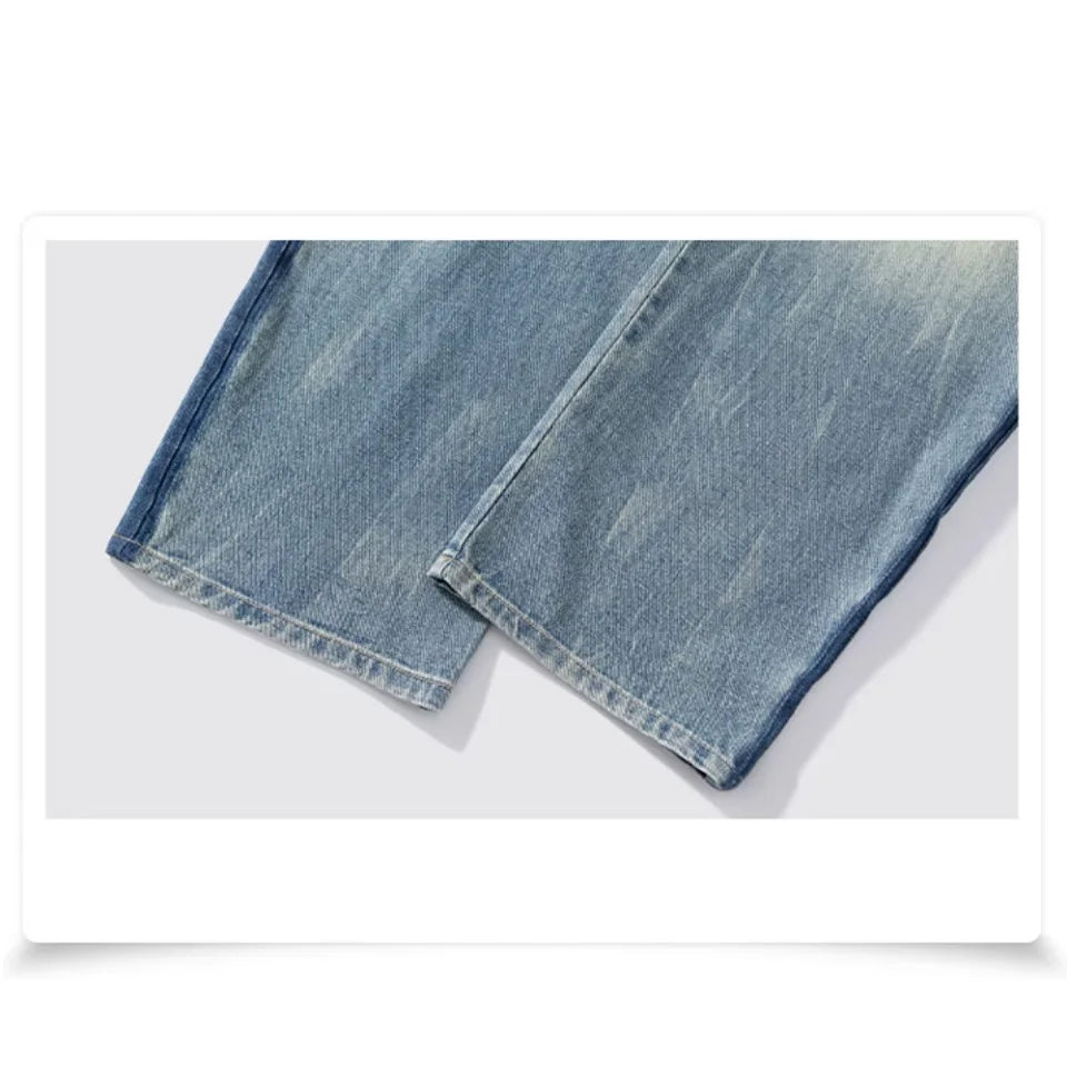 Trendy Men's Straight Leg Jeans Casual Loose Fit Autumn Winter New Style Blue Washed Denim Pants Versatile for All Seasons