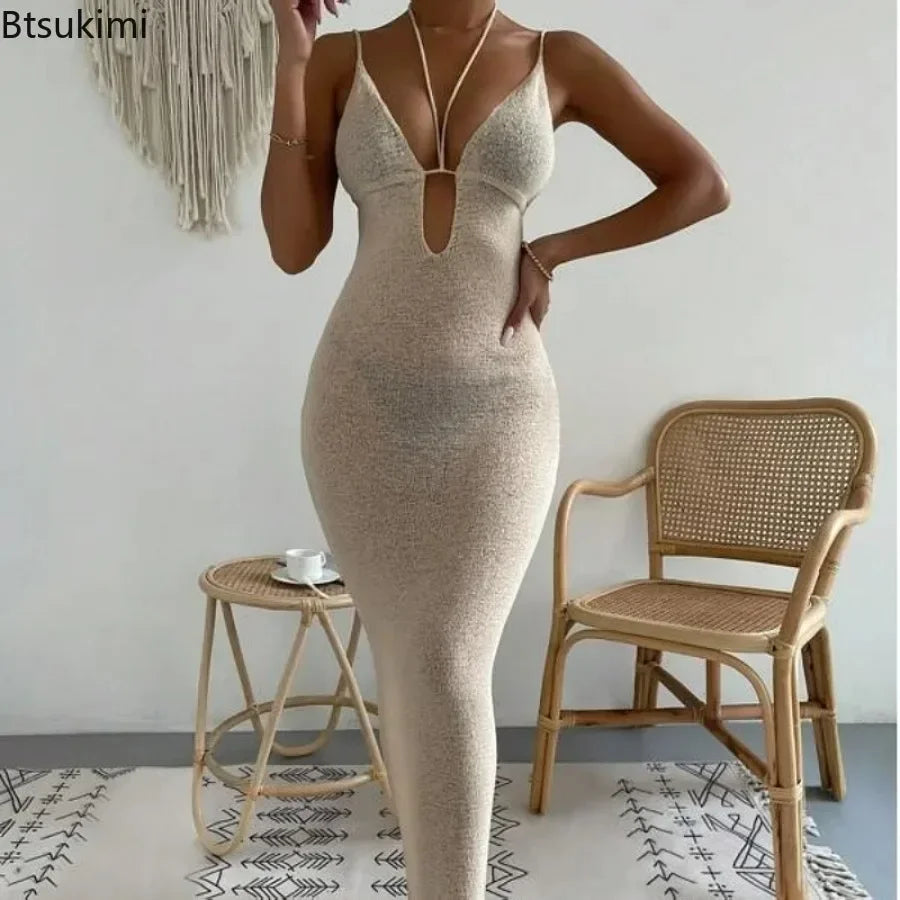 2025 Women's Summer Sexy Halter Dress Solid Color Tie-Up Backless Sleeveless Bodycon Long Knit Dress For Beach Party Vestidos