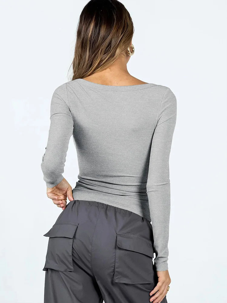 Women's Long Sleeve Square Neck T-Shirt - Solid Color, Casual, Ideal for Fall and Spring, 2025 New Arrival