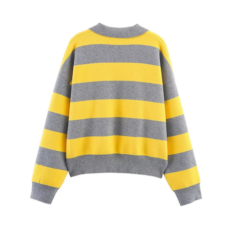 بلوزة نسائية محبوكة مخططة بأكمام طويلة وياقة بولو مناسبة للخريف والشتاء، بلوفر، ملابس أنيقة غير رسمية، جديدة لعام 2025