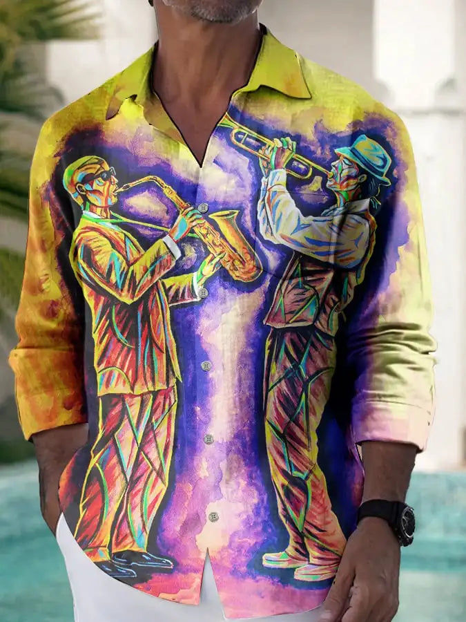 قميص رجالي جديد لعام 2024، مطبوع عليه رسومات فنية ثلاثية الأبعاد، بصف أزرار واحد وأكمام طويلة، قميص كاجوال بياقة فضفاضة وأكمام طويلة