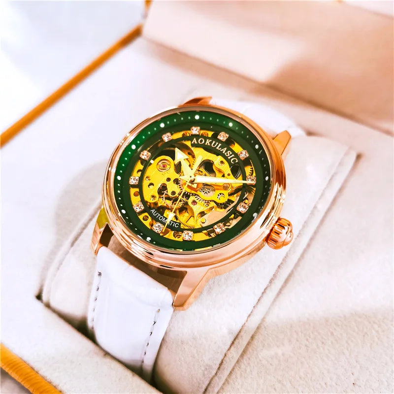 ساعات يد نسائية أوتوماتيكية ميكانيكية من AOKULASIC بتصميم هيكل عظمي أنيقة وفاخرة وعالية الجودة جديدة مقاومة للماء