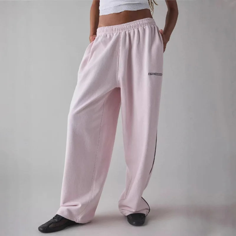 Pink Embroidered Comfortable Loose Elastic Waist Straight Leg Pants Women's Casual Trousers Elegant Style Digital Printing