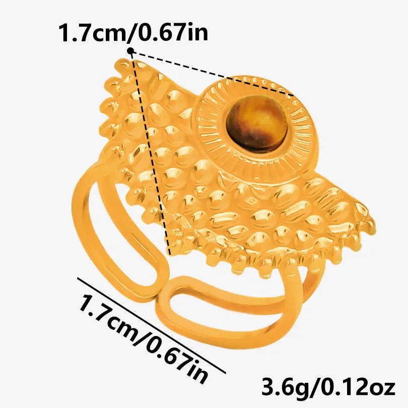 خاتم من حجر عين النمر الحقيقي على شكل قلب الشمس من الفولاذ المقاوم للصدأ، خواتم مفتوحة للنساء والرجال، إكسسوارات مجوهرات عتيقة مطلية بالذهب الحقيقي
