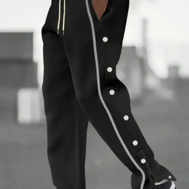 بنطلون رياضي رجالي كاجوال جديد للخريف، بأزرار، بقصة مستقيمة ورباط.