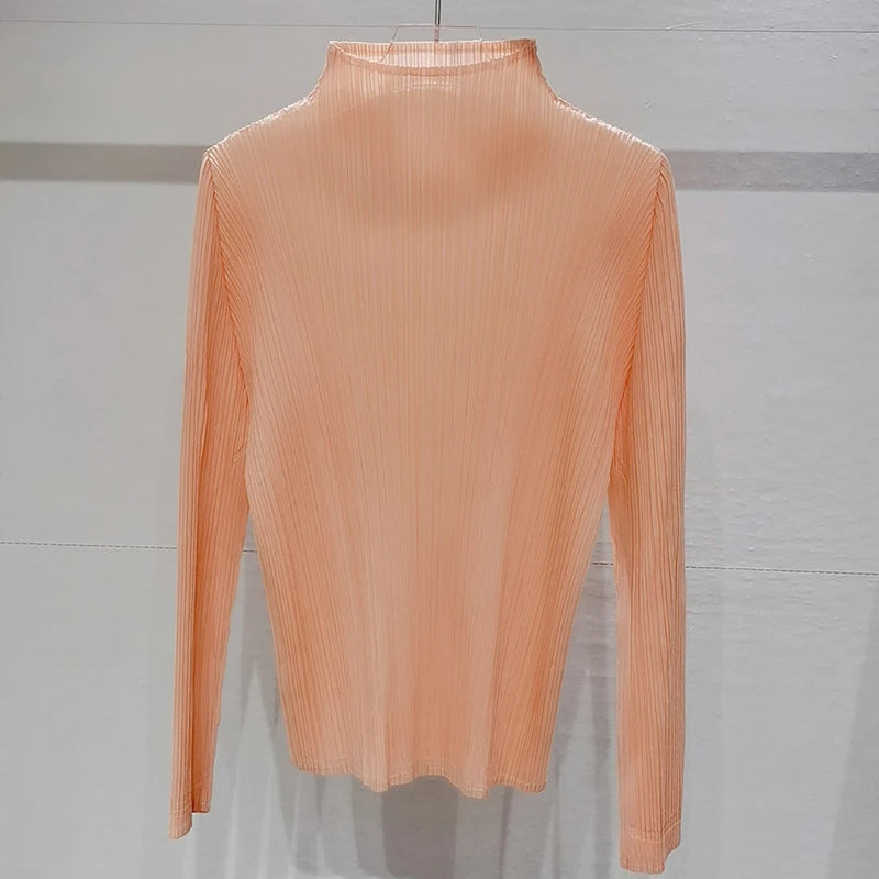 Miyake Pleated T-Shirt Woman Stand Collar Solid Color Loose Wild Full Sleeve Pullover Tops Causal Style Over Size Fall 2022 New