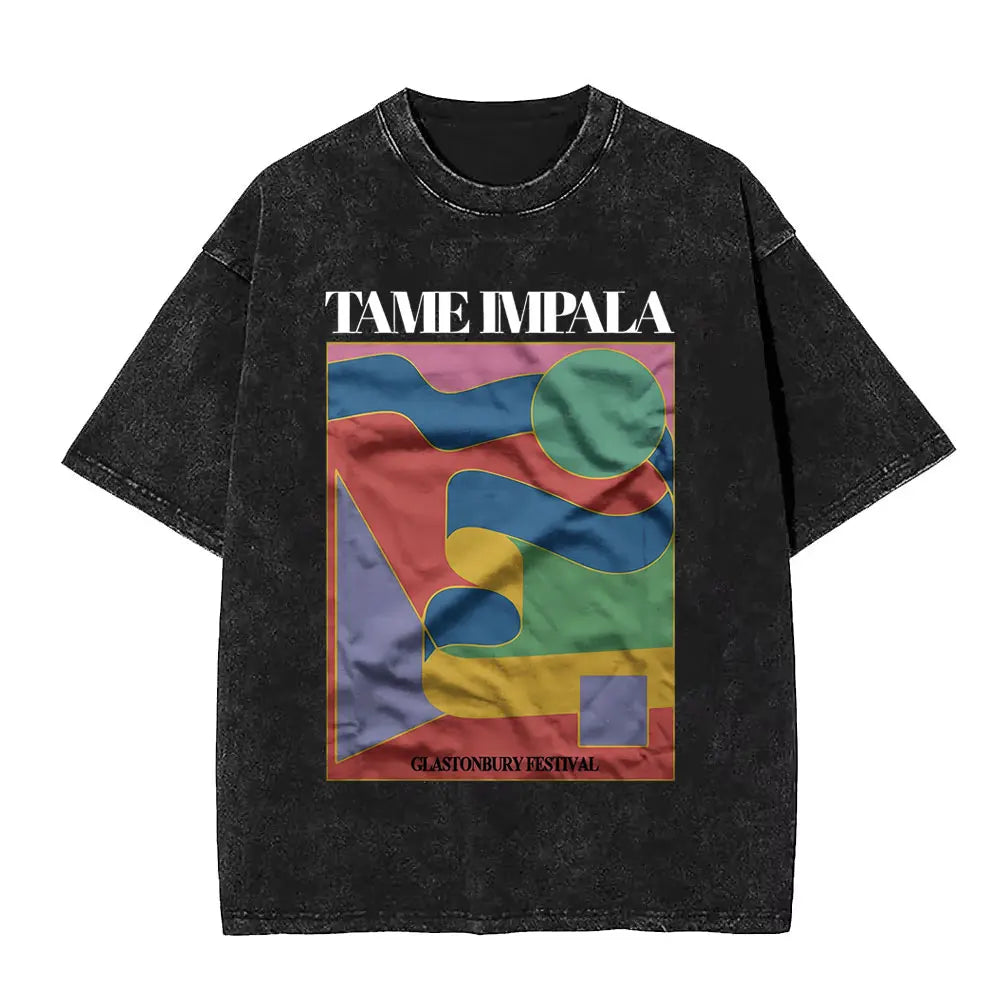 تي شيرت رجالي كاجوال فضفاض بأكمام قصيرة من القطن مطبوع عليه عبارة VintageWashed Pop Rock Band Tames Impala Current Graphic Print