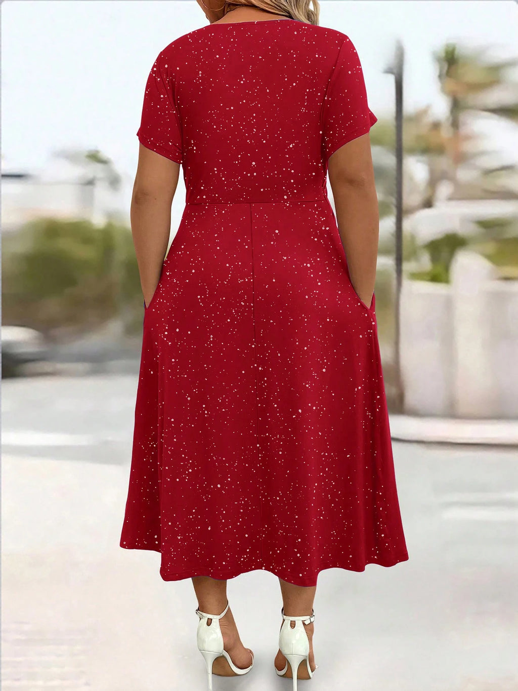 Ladies' elegant plus size powder sprinkled shiny twisted knot with pockets V-neck dress