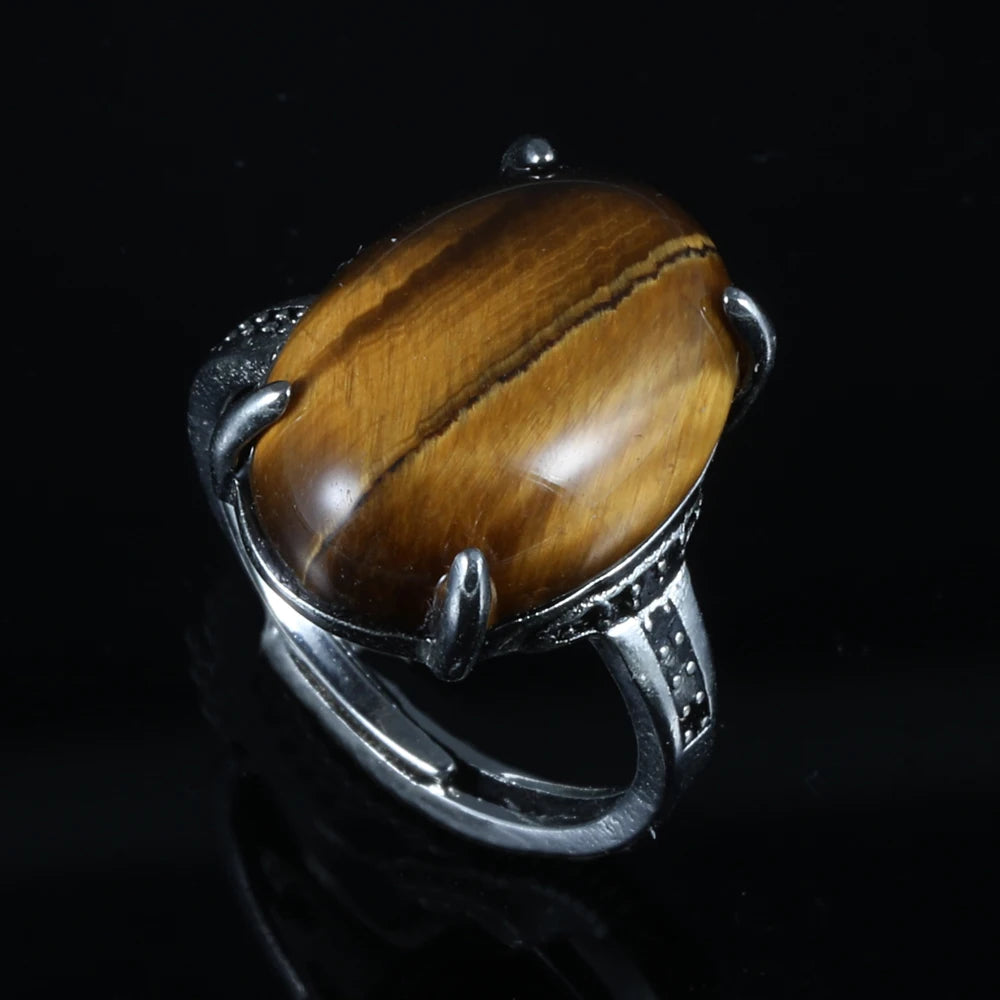 100% natural gemstone tiger-eye Retro style adjustable ring copper-plated silver ring for women men jewelry gift