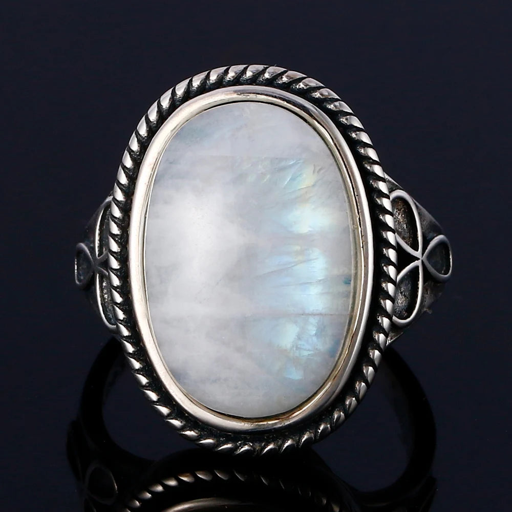 خواتم فضة عيار 925 مرصعة بأحجار القمر الطبيعية الكبيرة، بتصميمات دائرية وبيضوية، هدايا للنساء، مجوهرات فاخرة عتيقة