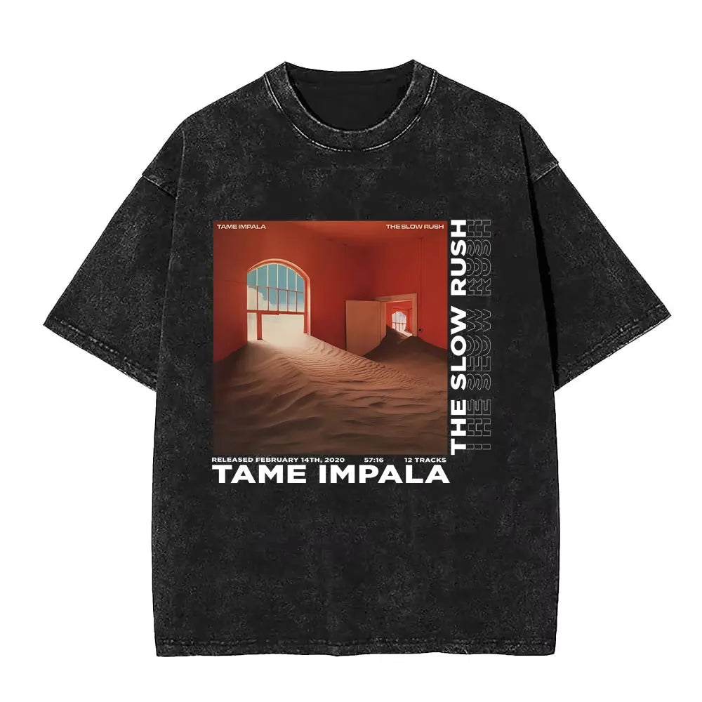 تي شيرت رجالي كاجوال فضفاض بأكمام قصيرة من القطن مطبوع عليه عبارة VintageWashed Pop Rock Band Tames Impala Current Graphic Print