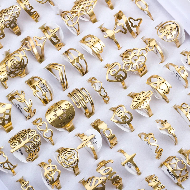 ١٠٠ قطعة من الخواتم المنقوشة المصنوعة من الفولاذ المقاوم للصدأ للرجال والنساء، مجوهرات أنيقة، هدية، خواتم على شكل زهرة مجوفة، بيع بالجملة