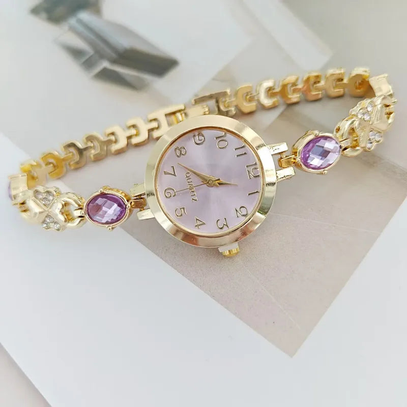 ساعة نسائية أنيقة مرصعة بالماس من اليشم الملون، ساعة كوارتز دائرية للنساء
