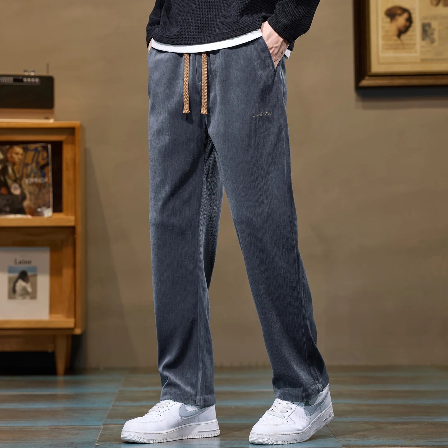 Soft Corduroy Men's Casual Pants Autumn New Elastic Waist Loose Straight Black Gray Trousers Comfortable Fashion Male Clothes