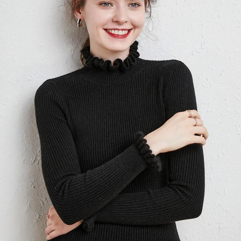 Autumn Winter Women's Knitted Sweater Floral Collar Inner Wear Tided Base Shirt Underwear Sweater Coat Top Pure Color Full Sleev