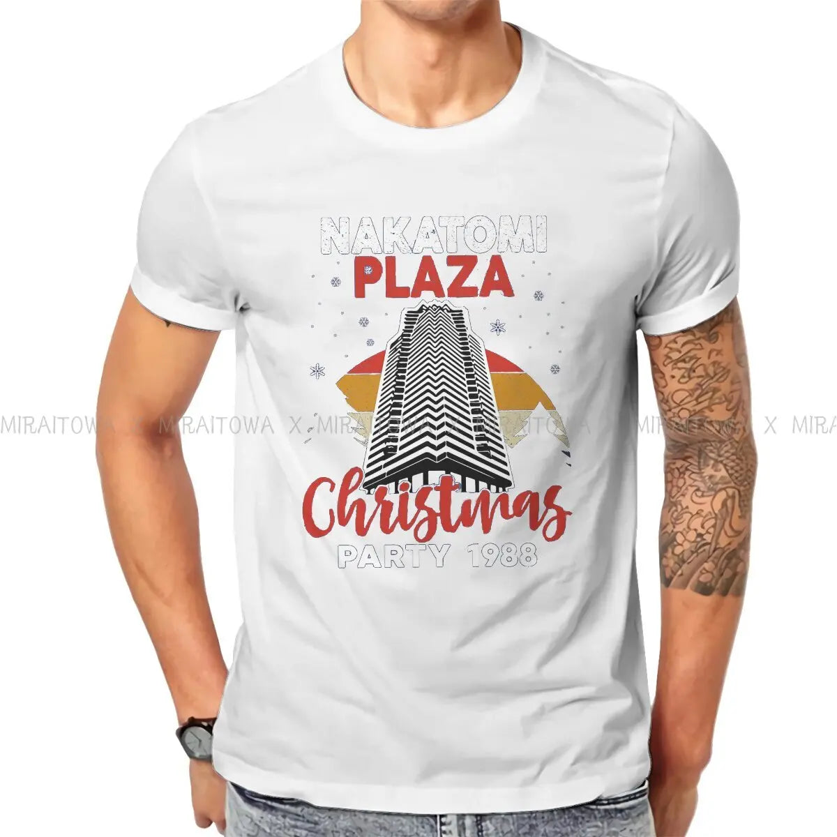 تي شيرت رجالي بتصميم فيلم Die Hard Christmas Party 1988 من Bruce Willis بتصميم إبداعي، تي شيرت أساسي من NAKATOMI PLAZA، هدايا أعياد الميلاد، ملابس الشارع