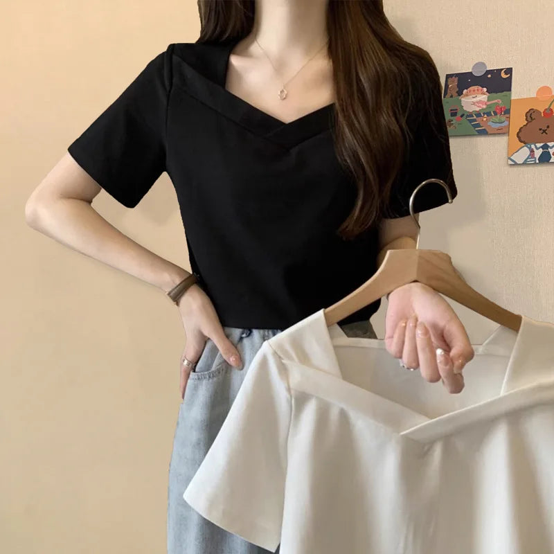 V-neck Loose Casual T-shirt Women Slim Kpop Y2K Tee Shirt Femme Sexy Vintage Summer Tshirts Woman Black Casual Clothes Tops