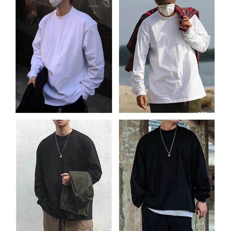 تيشيرت رجالي بأكمام طويلة من دوكين، وزن 280 غرام، مصنوع من القطن الخالص 100%، بقصة واسعة ولون سادة، ملابس رجالية.