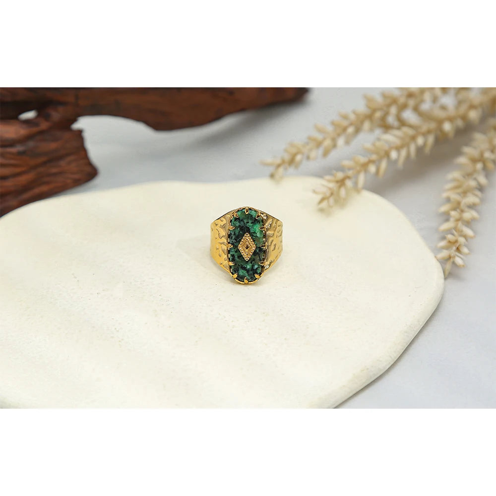 خواتم ياشان العريضة من الفولاذ المقاوم للصدأ للنساء، مطلية بالذهب عيار 18 قيراطًا، ذات ملمس معدني أنيق، مرصعة بحجر طبيعي، خاتم عصري، هدية مجوهرات