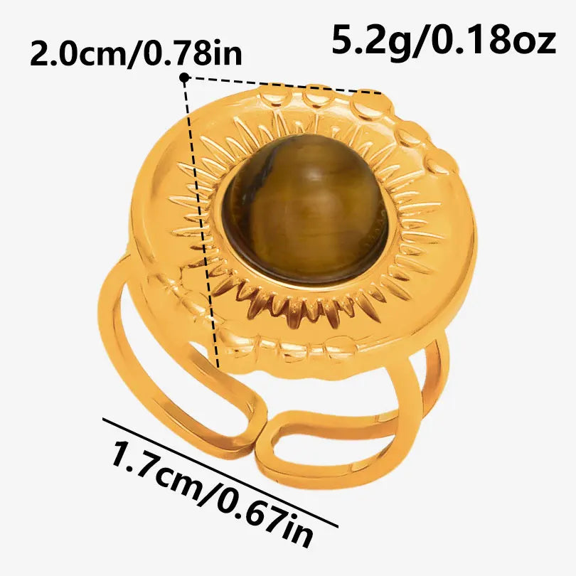خاتم من حجر عين النمر الحقيقي على شكل قلب الشمس من الفولاذ المقاوم للصدأ، خواتم مفتوحة للنساء والرجال، إكسسوارات مجوهرات عتيقة مطلية بالذهب الحقيقي