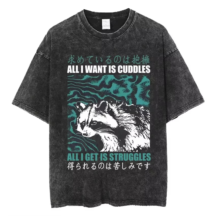 تي شيرتات Vintage Washed The Harbinger of Awkward Situations تي شيرت Weirdcore Japanese Funny Graphic تي شيرت رجالي Harajuku