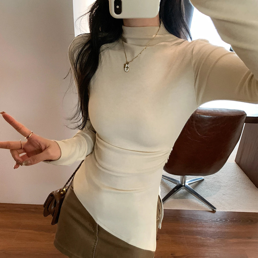 تي شيرت AOSSVIAO الأساسي ذو الياقة المدورة والملائم للجسم بأكمام طويلة على الطراز الكوري متعدد الاستخدامات للفتيات المثيرات، تي شيرتات نسائية عصرية سادة